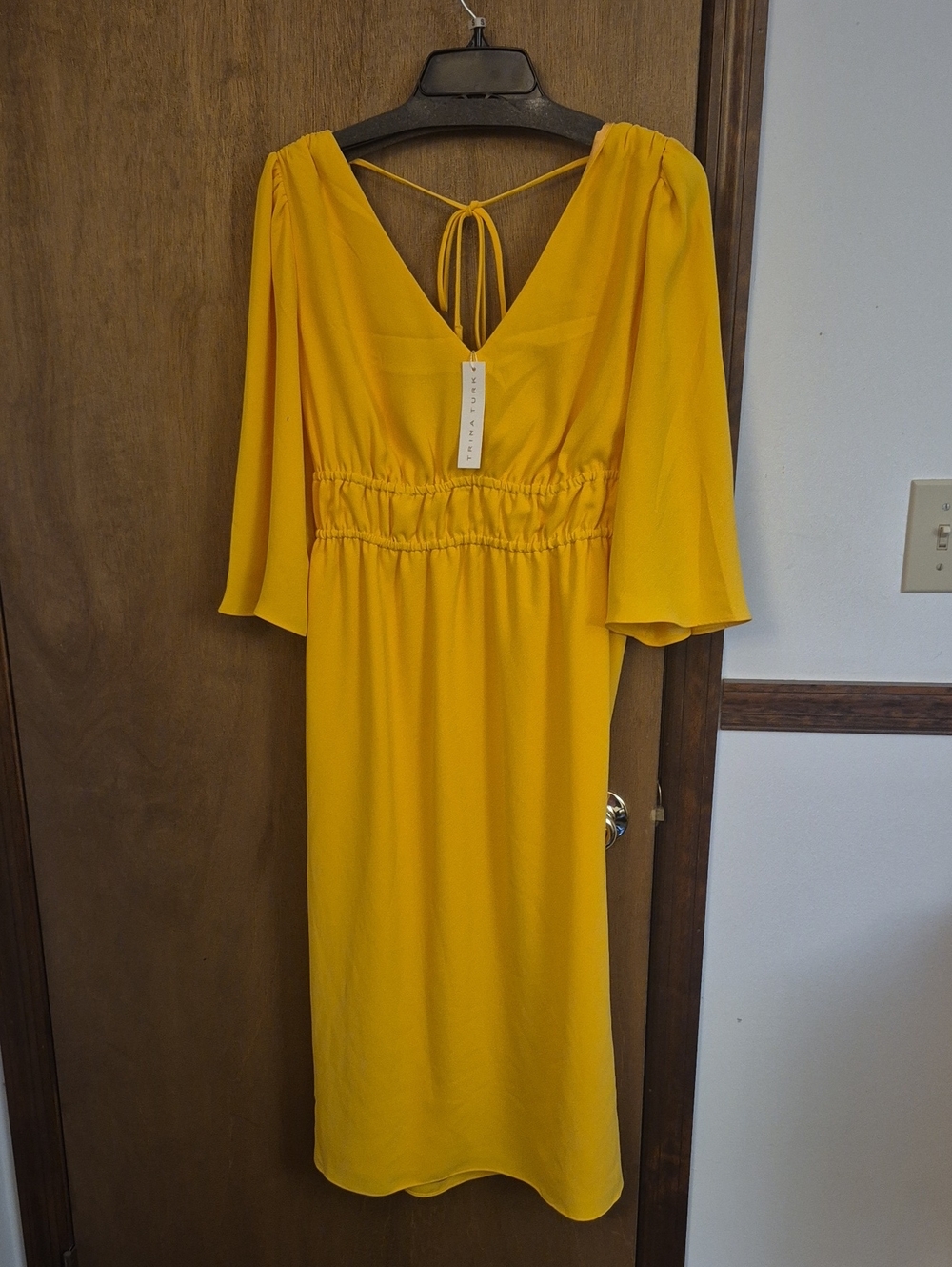 Trina Turk Bright Yellow V-Neck Midi Dress with Tie Back